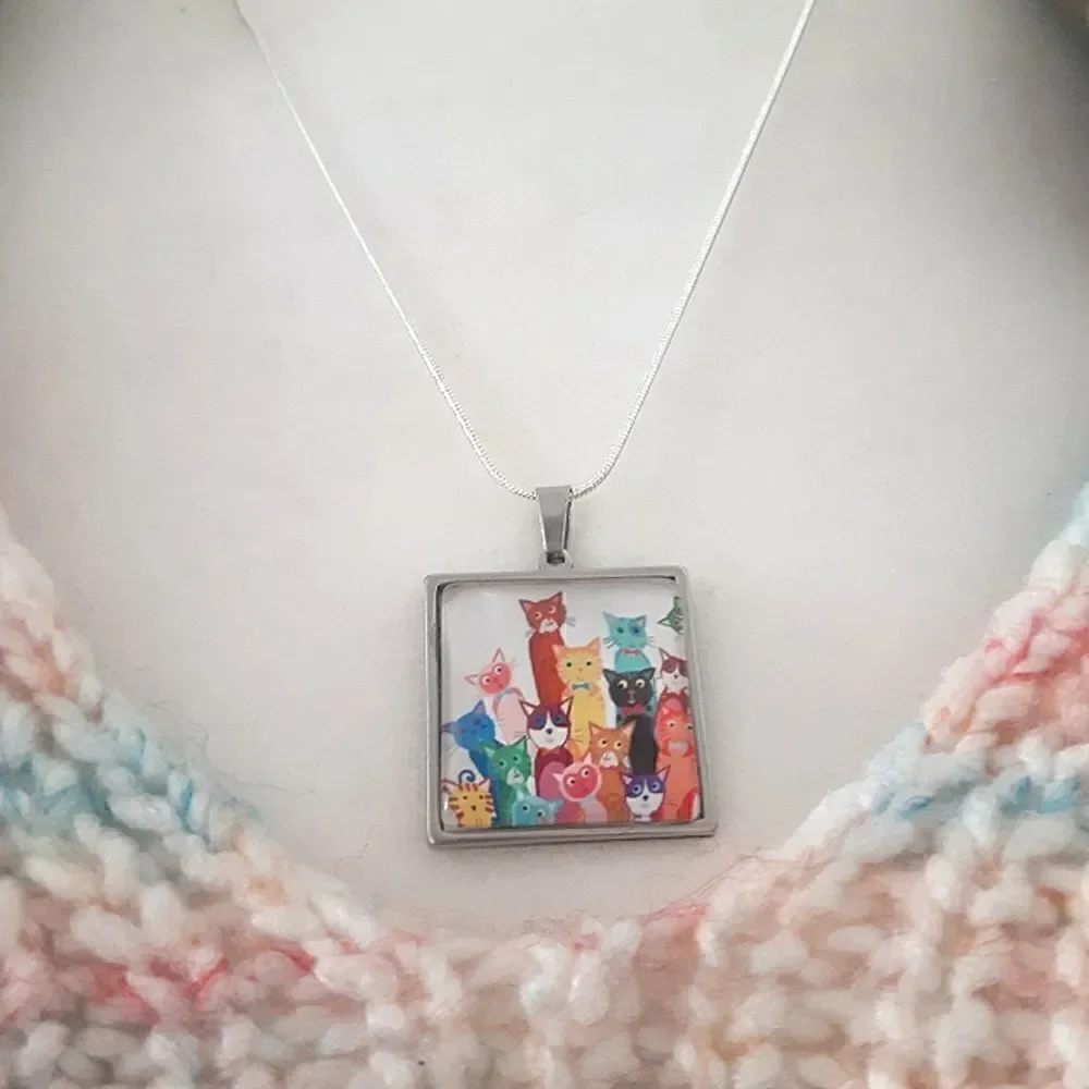 Hand Crafted Stainless Steel Cartoon Cats Charm Stamped Sterling Silver Necklace - Picture 5 of 5